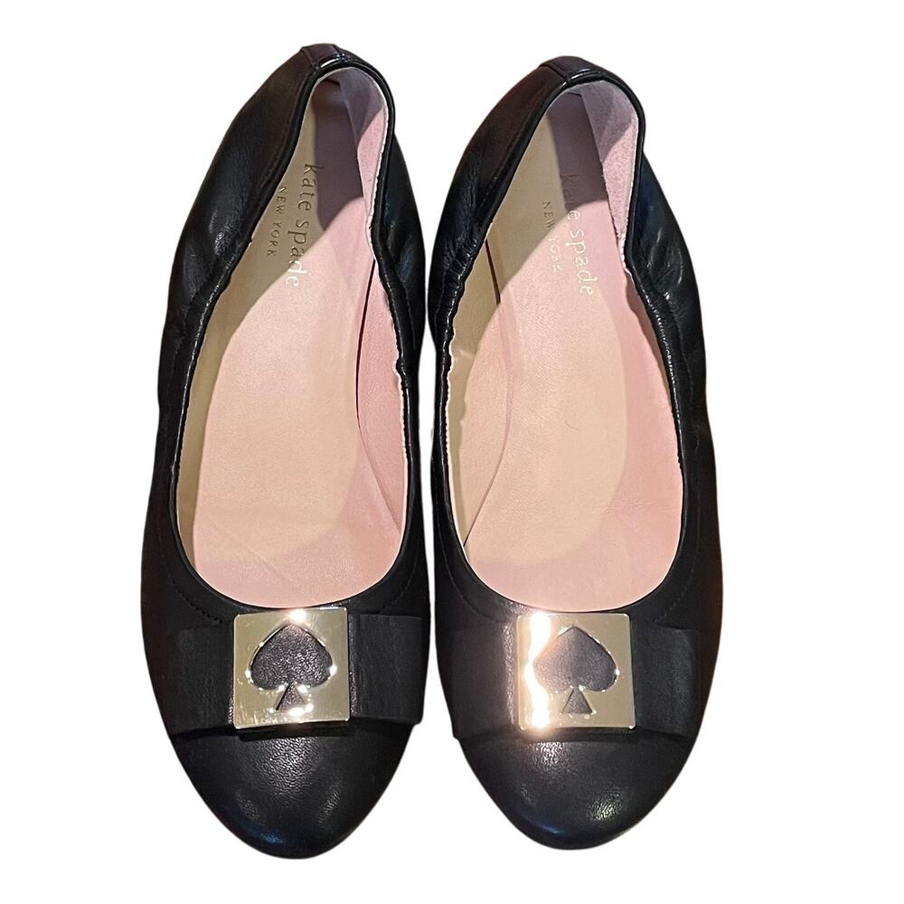 Kate Spade Maline Black Bow Leather Ballet Flats, Minimalist, Size 6.5M